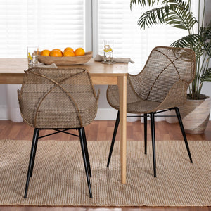 Baxton Studio bali Modern Bohemian Greywashed Rattan & Black Metal Dining Chair Set – 2-Piece Comfort & Style! Balerina3-Light Grey Rattan-DC