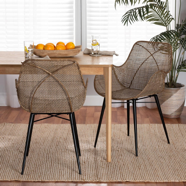 Baxton Studio bali Modern Bohemian Greywashed Rattan & Black Metal Dining Chair Set – 2-Piece Comfort & Style! Balerina3-Light Grey Rattan-DC
