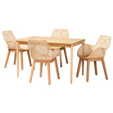 Ballerina Japandi Natural Brown Mahogany Wood and Rattan 5-Piece Dining Set