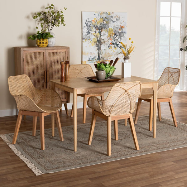 Baxton Studio Baxton Studio Ballerina 5-Piece Dining Set in Natural Mahogany & Rattan - Japandi Charm & Comfort KYG006C-Natural-5PC Dining Set