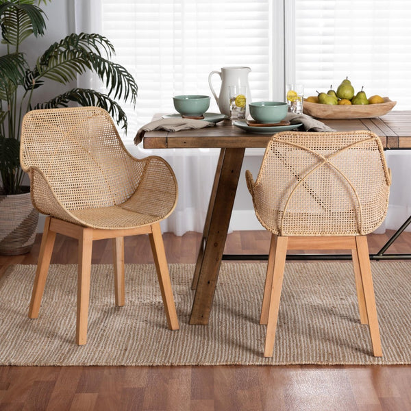 Baxton Studio bali Ballerina Japandi Dining Chair Set - Handcrafted Mahogany & Rattan, Cozy Minimalist Style 2-Piece Balerina3-Natural Rattan-DC