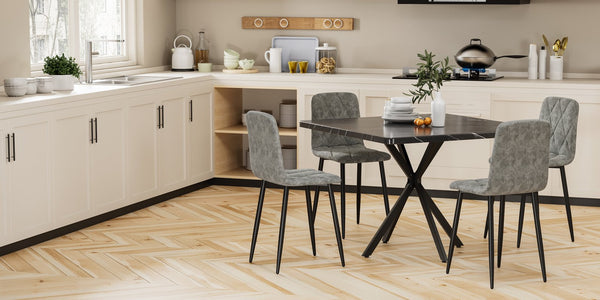 English Elm Square MDF Dining Set for 4 with Faux Marble Top, Mid-Century Modern Iron Legs, Easy-Clean Surface Black+Grey W578S00026