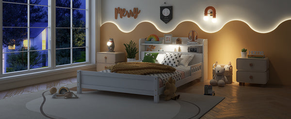 English Elm Full Pine Wood Bed with Bookcase Headboard and LED Motion Sensor Light, Guardrails & Storage Space White W504P277600