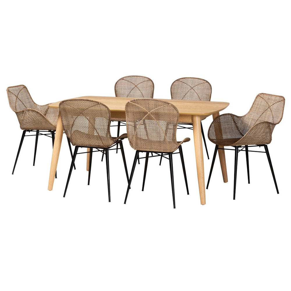 Baxton Studio Baxton Modern Bohemian 7-Piece Dining Set with Greywashed Rattan & Natural Brown Wood Finish KYG015C-Natural Oak/Light Grey-7PC Dining Set