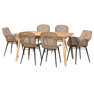 Baxton Studio Baxton Modern Bohemian 7-Piece Dining Set with Greywashed Rattan & Natural Brown Wood Finish KYG015C-Natural Oak/Light Grey-7PC Dining Set