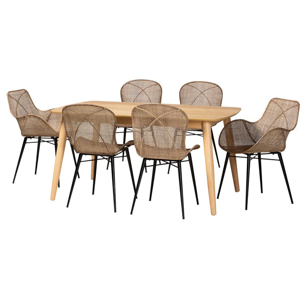 Baxton Studio Baxton Modern Bohemian 7-Piece Dining Set with Greywashed Rattan & Natural Brown Wood Finish KYG015C-Natural Oak/Light Grey-7PC Dining Set