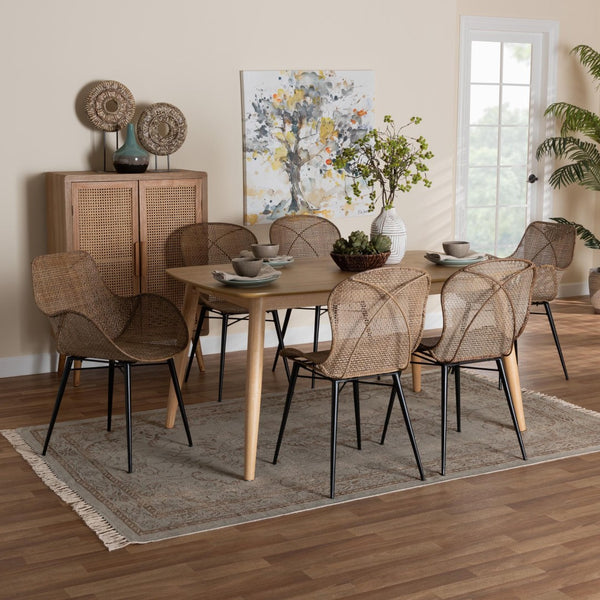 Baxton Studio Baxton Modern Bohemian 7-Piece Dining Set with Greywashed Rattan & Natural Brown Wood Finish KYG015C-Natural Oak/Light Grey-7PC Dining Set