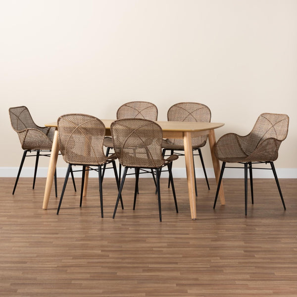 Baxton Studio Baxton Modern Bohemian 7-Piece Dining Set with Greywashed Rattan & Natural Brown Wood Finish KYG015C-Natural Oak/Light Grey-7PC Dining Set