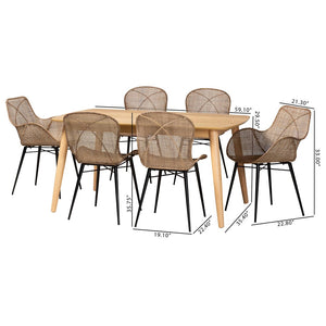 Baxton Studio Baxton Modern Bohemian 7-Piece Dining Set with Greywashed Rattan & Natural Brown Wood Finish KYG015C-Natural Oak/Light Grey-7PC Dining Set