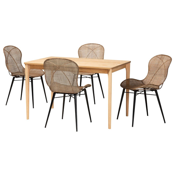 Baxton Studio Baxton Studio Sabelle 5-Piece Japandi Dining Set: Natural Wood & Rattan Elegance for Stylish Meals KYG007C-Natural Oak/Light Grey-5PC Dining Set