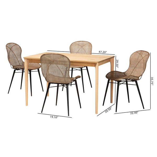 Baxton Studio Baxton Studio Sabelle 5-Piece Japandi Dining Set: Natural Wood & Rattan Elegance for Stylish Meals KYG007C-Natural Oak/Light Grey-5PC Dining Set