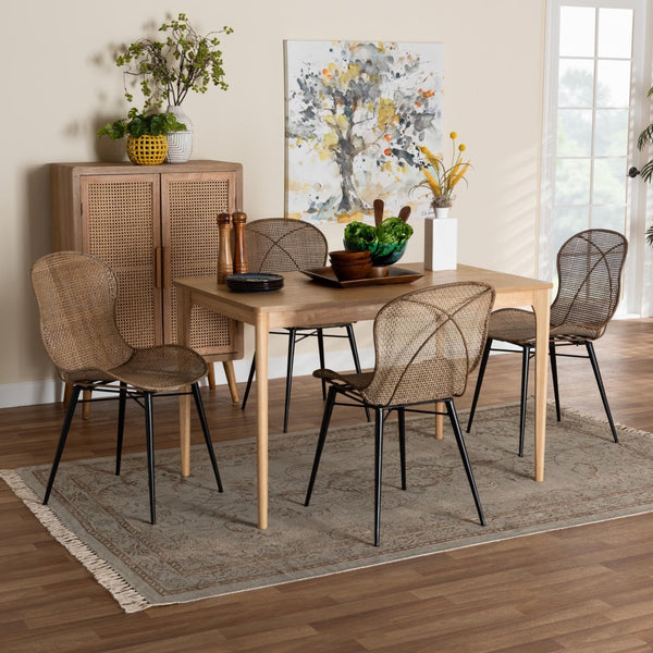 Baxton Studio Baxton Studio Sabelle 5-Piece Japandi Dining Set: Natural Wood & Rattan Elegance for Stylish Meals KYG007C-Natural Oak/Light Grey-5PC Dining Set
