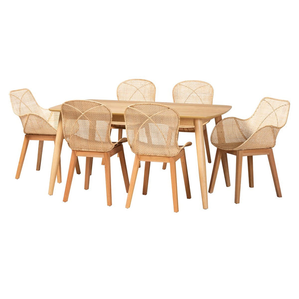 Baxton Studio Baxton Studio Emmali 7-Piece Dining Set - Modern Bohemian Design with Natural Rattan & Wood Charm KYG015C-Natural-7PC Dining Set