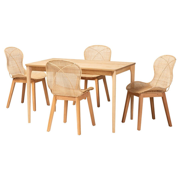 Baxton Studio Baxton Studio Sabelle Japandi 5-Piece Dining Set - Natural Mahogany & Rattan for Elegant Spaces KYG007C-Natural-5PC Dining Set