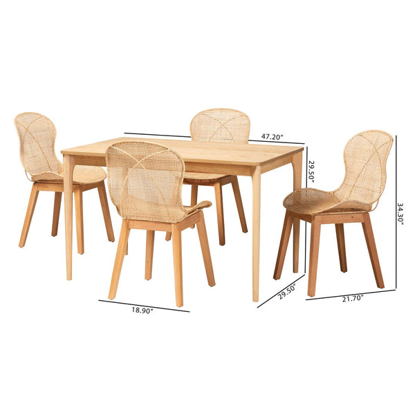 Baxton Studio Baxton Studio Sabelle Japandi 5-Piece Dining Set - Natural Mahogany & Rattan for Elegant Spaces KYG007C-Natural-5PC Dining Set