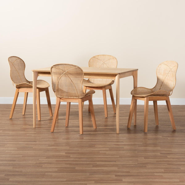 Baxton Studio Baxton Studio Sabelle Japandi 5-Piece Dining Set - Natural Mahogany & Rattan for Elegant Spaces KYG007C-Natural-5PC Dining Set