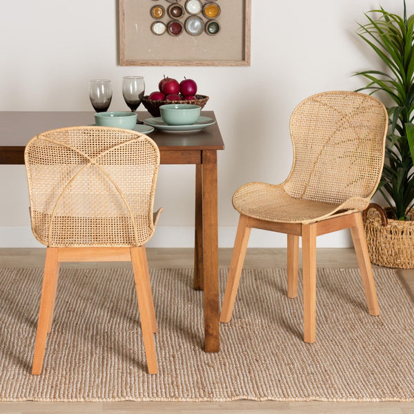 Baxton Studio bali Sabelle Japandi 2-Piece Dining Chair Set - Natural Brown Mahogany & Rattan for Elegant Spaces Santa2-Natural Rattan-DC