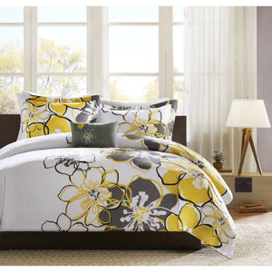 JLA Home Mi Zone - Floral Oversized Yellow & Grey Reversible Comforter Set with Decorative Pillow, Soft Microfiber, Antimicrobial Protection 90 L x 86 W x 1H MZ10-075