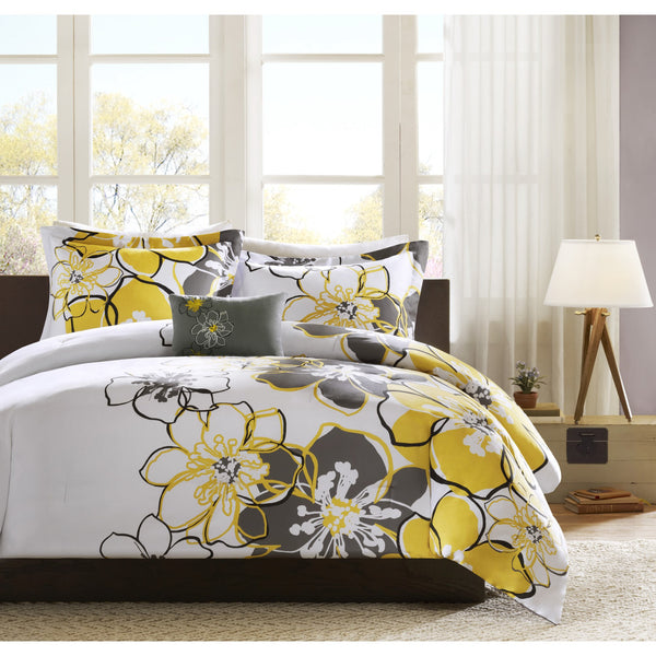 JLA Home Mi Zone - Floral Oversized Yellow & Grey Reversible Comforter Set with Decorative Pillow, Soft Microfiber, Antimicrobial Protection 90 L x 86 W x 1H MZ10-075