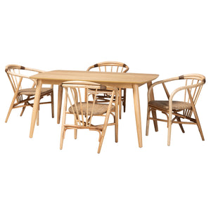 Baxton Studio Kyoto Modern Bohemian Natural Brown Finished Wood and Rattan 5-Piece Dining Set Natural Brown KYG008C-Natural-5PC Dining Set