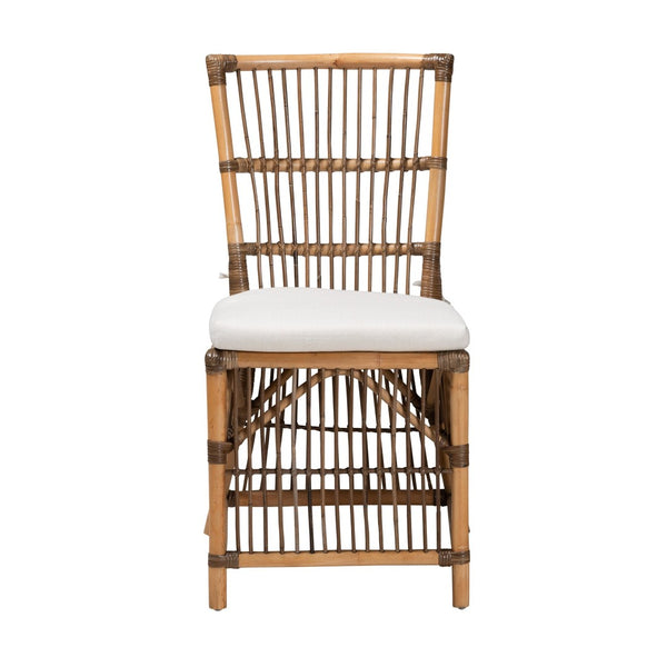 Baxton Studio bali Kim Modern Bohemian Dining Chair in White Fabric & Natural Rattan - Handcrafted Comfort & Style Kim-Natural Rattan-DC