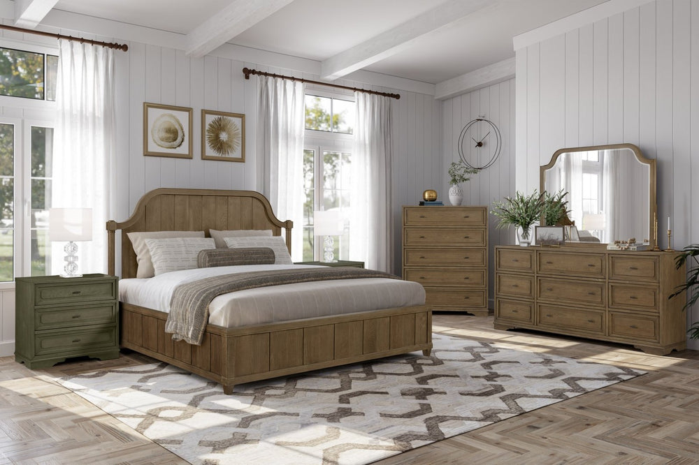 English Elm Queen Upholstered Headboard Bed Walnut Veneer Frame Transitional Bedroom Furniture Almond B2699S00113