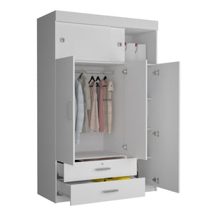 English Elm Tucson White Armoire with Hanging Rod & 2 Large Bottom Drawers, Compact 3-Door Wardrobe Design B128S00095
