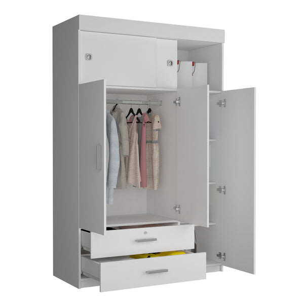 English Elm Tucson White Armoire with Hanging Rod & 2 Large Bottom Drawers, Compact 3-Door Wardrobe Design B128S00095