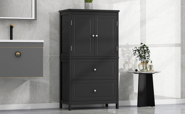 English Elm Bathroom Storage Cabinet with Two Doors and Drawers, Adjustable Shelf, MDF Finish, Slim 28"L x 15"W Black N725P188460B