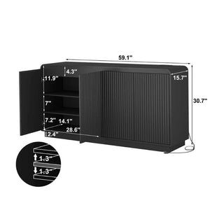 English Elm Black Fluted Wave Door Media Console with Built-in Power Outlet and Adjustable Shelving Black W409P452057