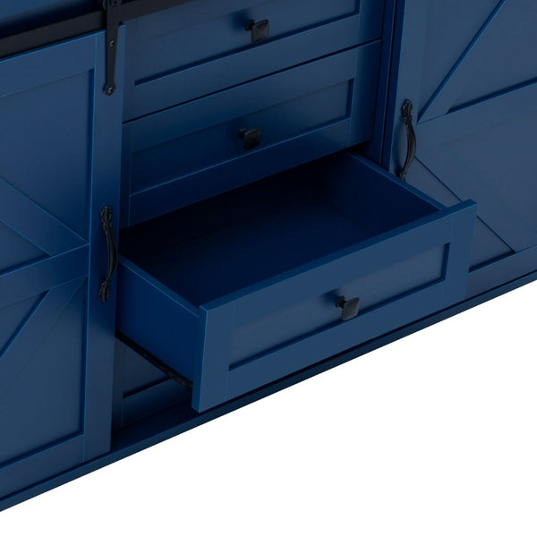 English Elm U-style Farmhouse Sideboard Barn Door Buffet with Drawers Built-in Outlet Dining Navy Blue N711P347377V