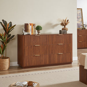 English Elm 6 Drawers Dresser Stylish 55" Wide Curved Wave Chest with Ample Storage, Sturdy Top for TV Use Walnut W1820P324616