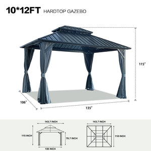 English Elm 10' X 12' Hardtop Gazebo with Galvanized Double Roof, Ventilated Skylight, Curtains & Mosquito Netting W765S00002