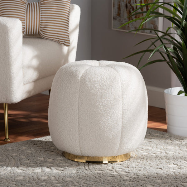 Baxton Studio Baxton Raelynn Modern Ivory Boucle Ottoman with Gold Metal Base – Chic Accent for Any Room 2212-Beige-Ottoman