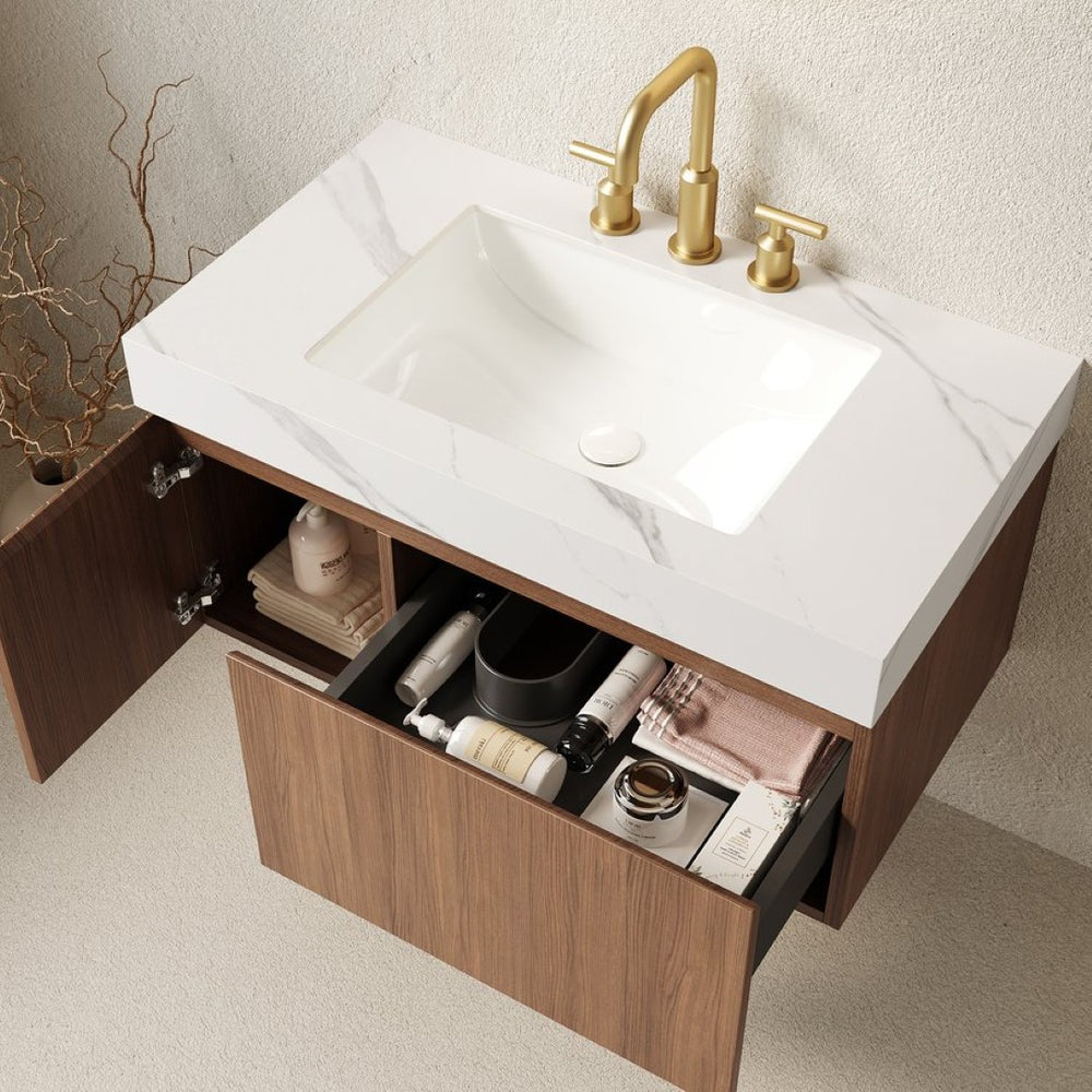 English Elm Muri Floating Bathroom Vanity Sintered Stone Top Oak Plywood Cabinet Soft Close W2615S00629