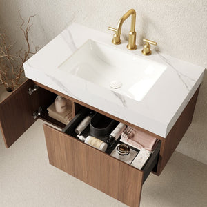 English Elm Muri Floating Bathroom Vanity Sintered Stone Top Oak Plywood Cabinet Soft Close W2615S00629