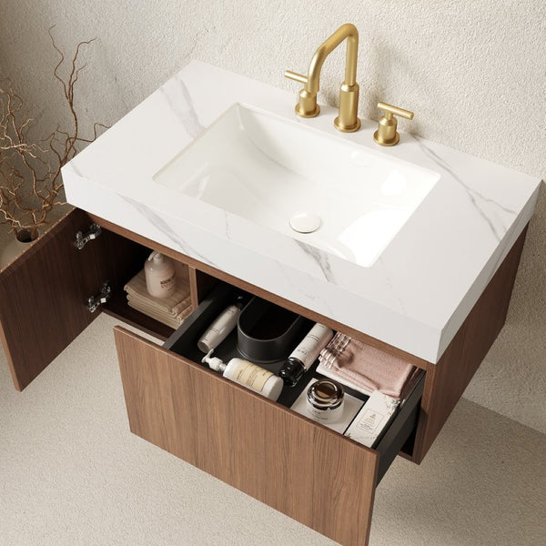English Elm Muri Floating Bathroom Vanity Sintered Stone Top Oak Plywood Cabinet Soft Close W2615S00629
