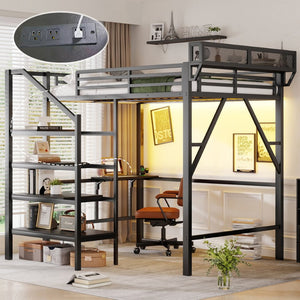 English Elm Full Size Metal Loft Bed with Foldable Desk Staircase Storage and Led Lighting W2580S00072