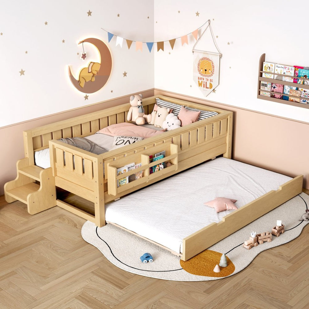 English Elm Twin Kids Platform Bed with Trundle Staircase Bookshelf and Rounded Safety Rails Light Natural W1580S00557