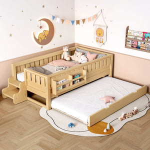 English Elm Twin Kids Platform Bed with Trundle Staircase Bookshelf and Rounded Safety Rails Light Natural W1580S00557