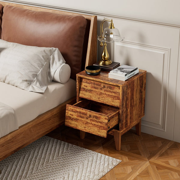 English Elm 2 Nightstands Vintage Bevel Design with Hidden Drawer Pulls and Solid Wood Legs for Stable Style Brown W578P192477