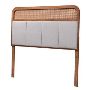 Baxton Studio Esti Mid-Century Modern Light Grey Fabric and Ash Walnut Finished Wood Queen Size Headboard with Rattan