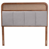 Baxton Studio Esti Mid-Century Modern Light Grey Fabric and Ash Walnut Finished Wood Queen Size Headboard with Rattan