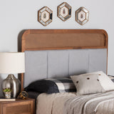 Baxton Studio Esti Mid-Century Modern Light Grey Fabric and Ash Walnut Finished Wood Queen Size Headboard with Rattan