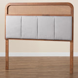 Baxton Studio Esti Mid-Century Modern Light Grey Fabric and Ash Walnut Finished Wood Queen Size Headboard with Rattan