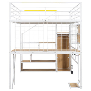English Elm Full Full Size Metal Loft Bed with Built-In Desk, Wardrobe & Stair Storage, LED Lights, Space-Saving White GX000663AAK