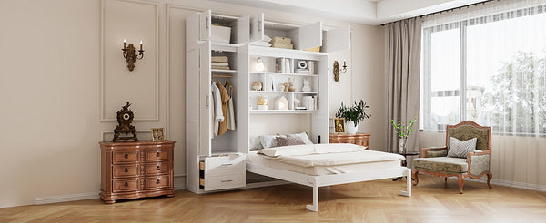 English Elm Queen Murphy Bed with Integrated Desk Cabinet Shelves Space Saving Studio Solution White N708S00022K-3