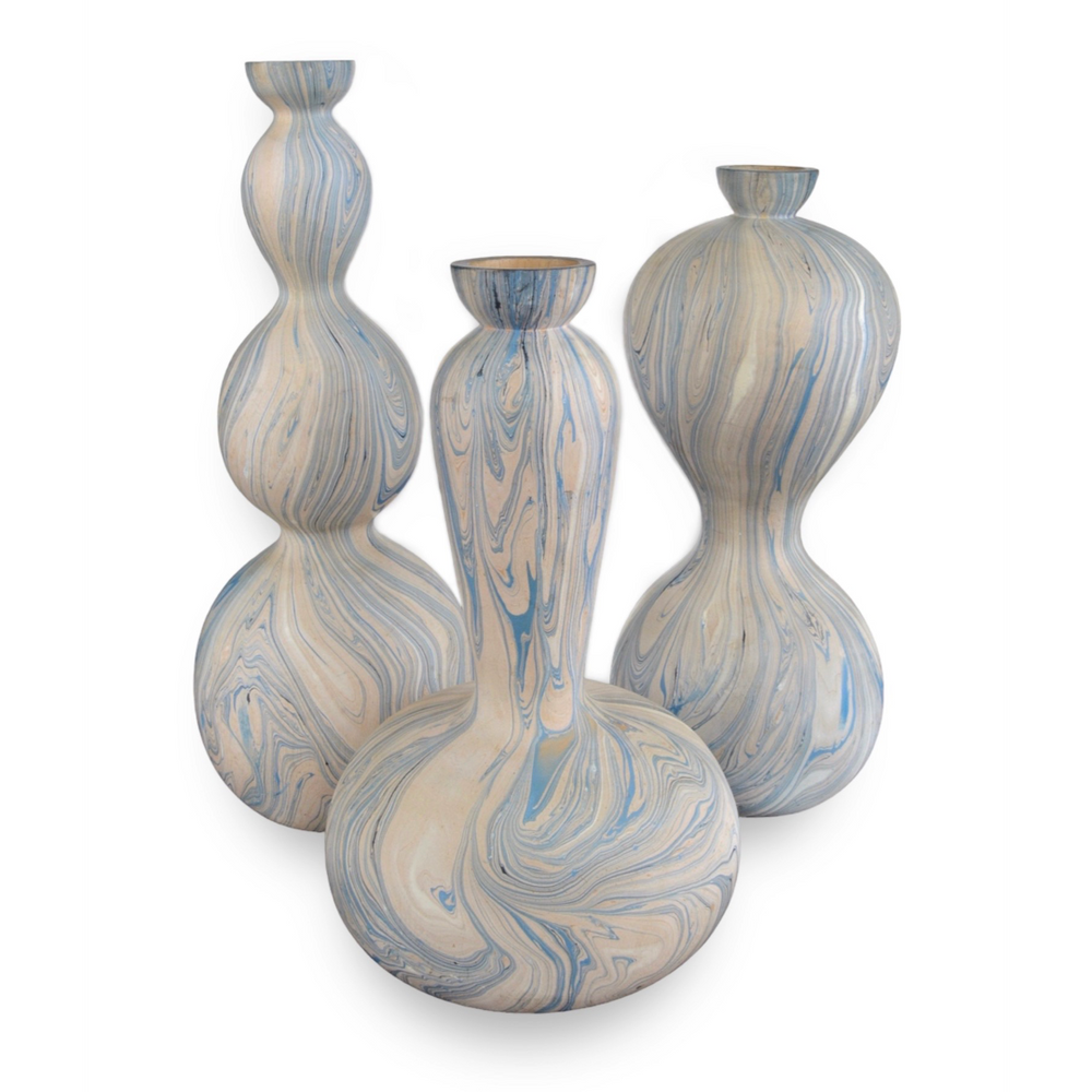 Calm Sea Marbleized Vase Set of 3 - Hand-Painted Blue & White Wood Vases for Elegant Decor