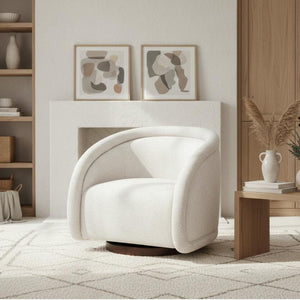 English Elm Sabbo Bouclé Swivel Accent Chair Walnut Wood Base Cozy Reading Nook Seating Beige,Walnut N767P388923B