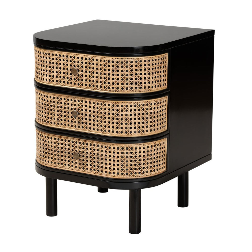 Baxton Studio bali Modern Bohemian 3-Drawer Nightstand Table in Black Bayur Wood & Rattan – Stylish Storage Solution CMO4-End Table